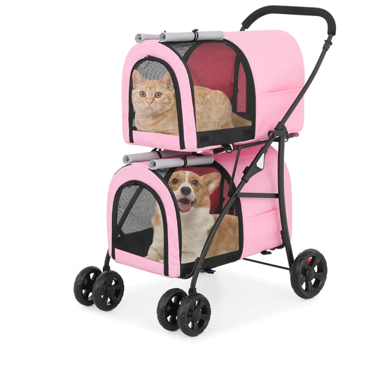 Athena Collection Double Pet Stroller with 2 Detachable Carrier Bag Foldable Dog Strollers for Small Medium Dog Cat Strollers for 2 Cats with Safety Rope Lockable Wheels Pocket for Travel Pink