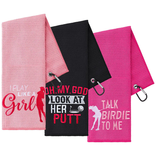 3 Pack Funny Golf Towel Embroidered Golf Towels for Golf Bags with Clip Golf Gifts for Men Women Birthday Gifts for Golf Fan Retirement Gift (Black Hot Pink Pink Elegant Style)